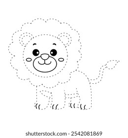 Lion coloring pages for kids. Trace and color Lion. Lion animal flashcard education game activity. Cute lion isolated on white background. Kindergarten and preschool worksheets printable for kids. 