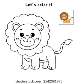 Lion coloring pages for kids. Trace and color Lion. Lion animal flashcard education game activity. Cute lion isolated on white background. Kindergarten and preschool worksheets printable for kids. 