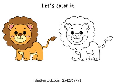 Lion coloring pages for kids. Trace and color Lion. Lion animal flashcard education game activity. Cute lion isolated on white background. Kindergarten and preschool worksheets printable for kids. 