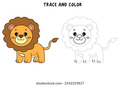 Lion coloring pages for kids. Trace and color Lion. Lion animal flashcard education game activity. Cute lion isolated on white background. Kindergarten and preschool worksheets printable for kids. 