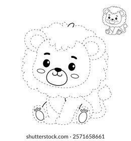 Lion coloring pages for kids. Trace and color lion. Coloring page outline of lion. Lion tracing worksheet. Kindergarten and preschool activity.