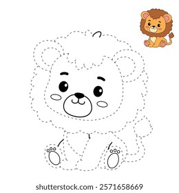 Lion coloring pages for kids. Trace and color lion. Coloring page outline of lion. Lion tracing worksheet. Kindergarten and preschool activity.