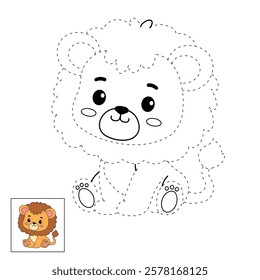 Lion coloring pages for kids. Trace and color lion. Coloring page outline of lion. Lion tracing worksheet. Kindergarten and preschool activity.