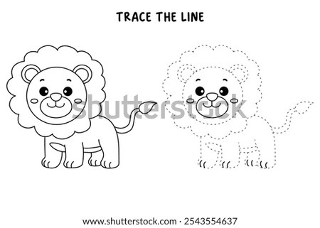 Lion coloring pages for kids. Trace and color Lion. Lion animal flashcard education game activity. Cute lion isolated on white background. Kindergarten and preschool worksheets printable for kids. 