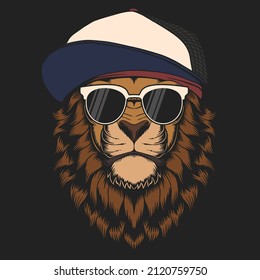 Lion cool hat eyeglasses vector illustration