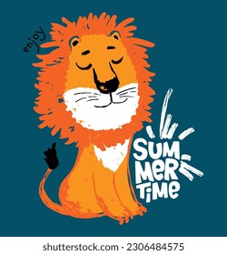 Lion cool summer t-shirt print. African animal with slogan. Enjoy summer time. Lev beach funny child wear illustration. Vacation. Nursery t-shirt, kids apparel, invitation child design