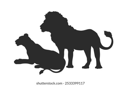 Silhueta de casal de leões. Cena isolada com predadores africanos. Retrato de família animal. Desenho negro da vida selvagem. Ilustração vetorial