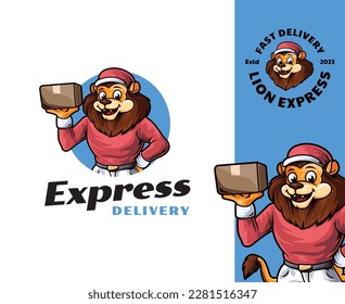 Lion Courier Mascot Logo Design. Fun and playful cartoon mascot perfect for courier, delivery service-related business and brands