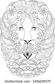 Lion covered with abstract and floral ornament. Zenart Anti stress coloring.
