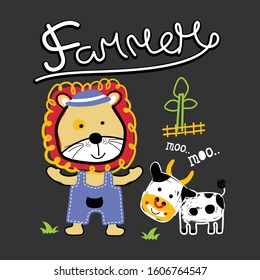 lion and cow in the farm,funny animal cartoon,vector illustration