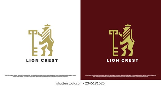 Lion crest logo design illustration. Simple flat silhouette of a lion holding a key wild animal predator elegant minimalist old medieval luxury modern wilderness. Royal king leo animal icon symbol.