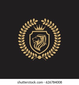 lion with crest shield and crown heraldic icon logo