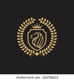 lion with crest shield and crown heraldic icon logo