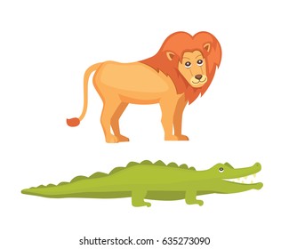 lion and crocodile savanna animals in cartoon style