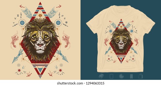 Lion and crossed arrows. Tribal print for t-shirts and another, trendy apparel design 