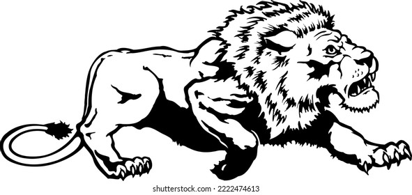 Lion Crouching Black and White Vector Illustration