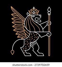 Lion with a Crown holding a Crosier Vector Line Art Illustration. Lion King. Easy to Change Colors.
