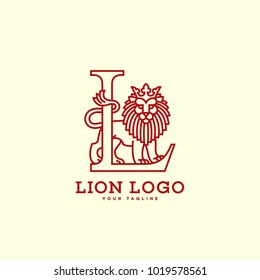 Lion with a crown and letter L logo template design in linear style. Vector illustration.