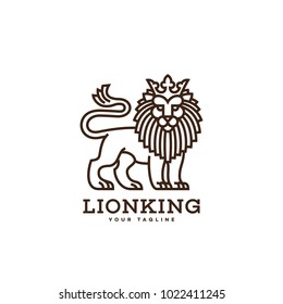 Lion with a crown logo template design in linear style. Vector illustration.