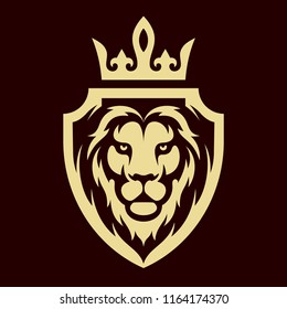 Lion in the crown on a shield against a dark background in a vector EPS8