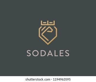 Lion crown shield vector logotype. Linear premium logo.