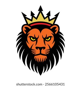 Lion with Crown Vector: Majestic lion head with a golden crown, bold mane, and intense yellow eyes. Perfect for logos, branding, and regal designs. Download EPS now!