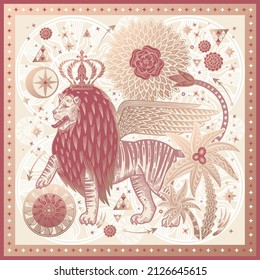 Lion in a crown with wings in a fantasy garden. Signs, symbols. Tree, palm, arrows, stars, sun sign, flowers. Red and gold on a beige background. Pattern for scarves, pillows. Vector. Vintage.