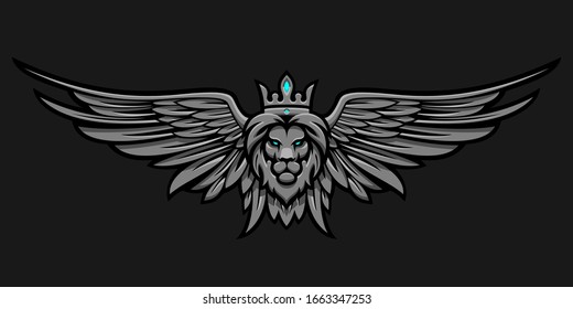 Lion in a crown with wings on a dark gray background in vector EPS8