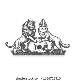 A lion in a crown and a wolf in a bishop's hat stand on a skull.  Dotwork