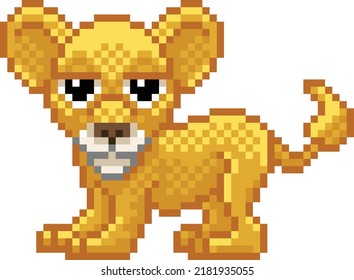 Lion cub 8 bit pixel art safari animal retro arcade video game cartoon character sprite