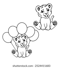 Lion Cub with balloons outline Cricut. Happy birthday, file for Cricut Silhouette