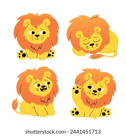 Lion cub cartoon set. Cute lion baby illustration set. Sitting, roaring, paw waving, and curling up. Funny vector clip art illustration for kids isolated on white background.