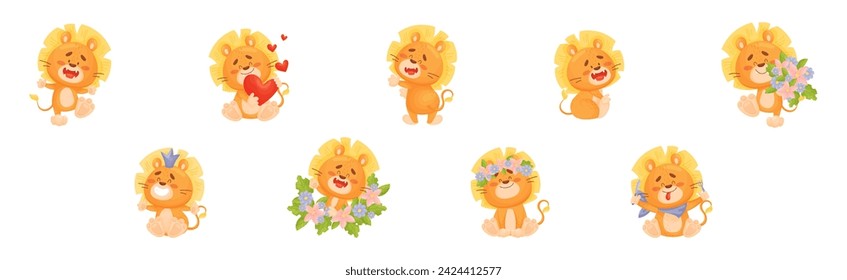 Lion Cub Character with Mane Engaged in Different Activity Vector Set