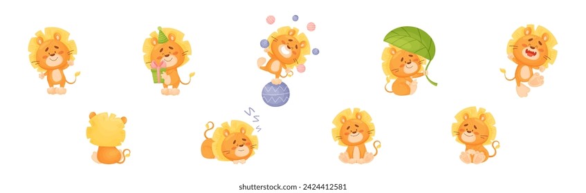 Lion Cub Character with Mane Engaged in Different Activity Vector Set