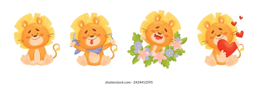 Lion Cub Character with Mane Engaged in Different Activity Vector Set