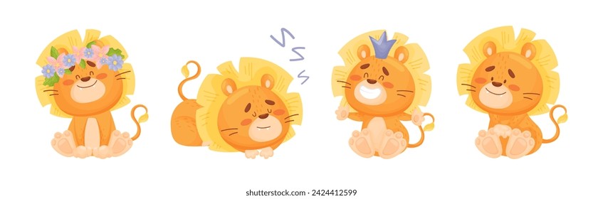 Lion Cub Character with Mane Engaged in Different Activity Vector Set