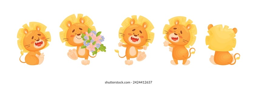 Lion Cub Character with Mane Engaged in Different Activity Vector Set