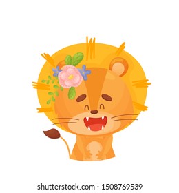 Lion cub with a flower in the mane. Vector illustration on a white background.