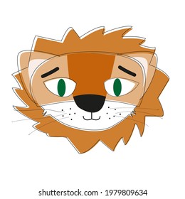 Lion Cub Head. Vector Children's Illustration. Flat And Lineart. Decorative Cute Backdrop, Good For Printing