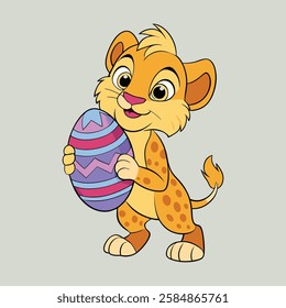 a lion cub holding a giant easter egg vector illustration