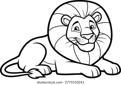 Lion cub resting a black and white cartoon illustration