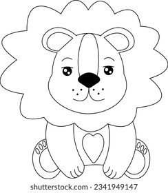 Lion cub with a seedling, with a heart, a lion in love, a kind lion with a smile, a cute little lion, color drawing,  vector illustration EPS10