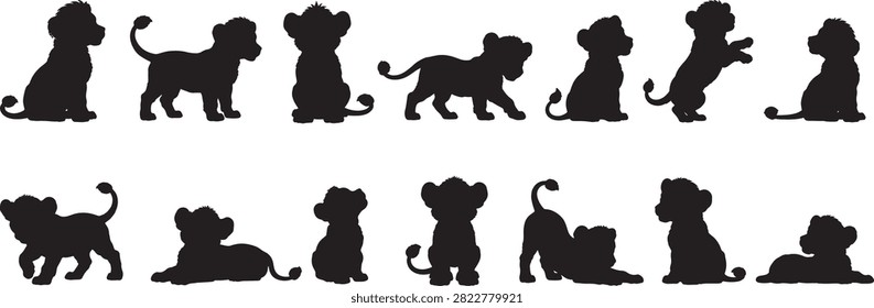 Lion Cub Silhouette Collection with Sitting, Standing, Walking, Playing, Jumping, Stretching and Resting Cute Baby Lion Safari Wildlife Animal Pose Vector Icons