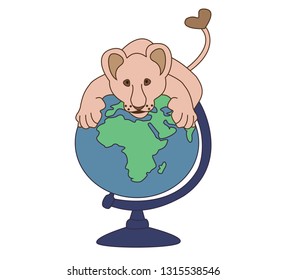 A lion cub is sitting on a globe. The illustration can be applied to the animals and nature protection.