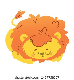 Lion cub sleeps curled up. Cute cartoon baby lion cub character illustration. Vector colorful design isolated on white background.  Sticker for nursery, websites, books, comics.