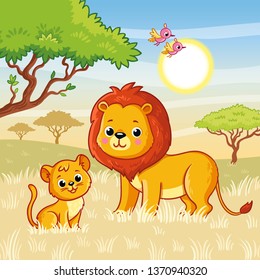Lion And A Lion Cub Are Standing On The Grass In The Savannah. Vector Illustration With Cute Animals In Cartoon Style.