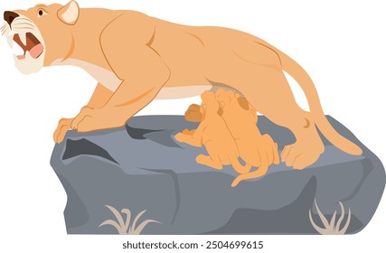 Lion cubs drinking milk from the lioness, Cute lionesses and cubs, wild animals, jungle predators of feline family 