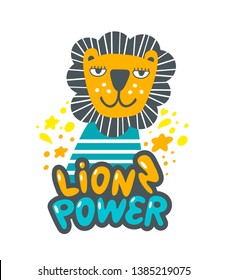 Lion cute animal in striped t-shirt ready for sea travelling. Poster with lettering and friendly wild animal.