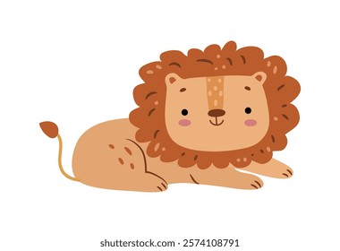 Lion cute baby animal lying down and smiling. Vector wild jungle mammal with long tail and furry coat. Safari character isolated icon. Cartoon zoo or reserve park predator. Toy for children