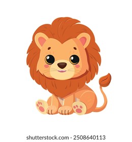 Ilustração de desenho animado infantil bonito leão. O leão vetorial está sentado isolado no fundo branco Elemento de design plano